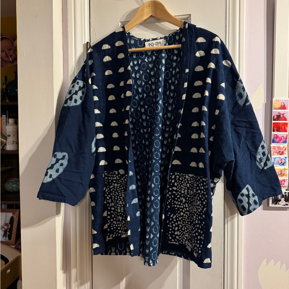 PO-EM NWOT Indigo Block Printed Cardi with Pockets (L)